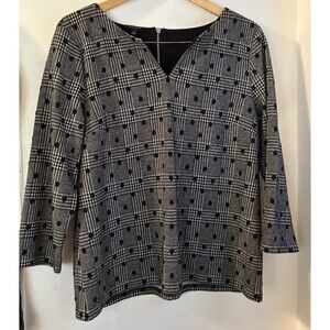 Talbots Top Women SZ L Black White Career Houndstooth 3/4 Sleeves. Wool Blend.